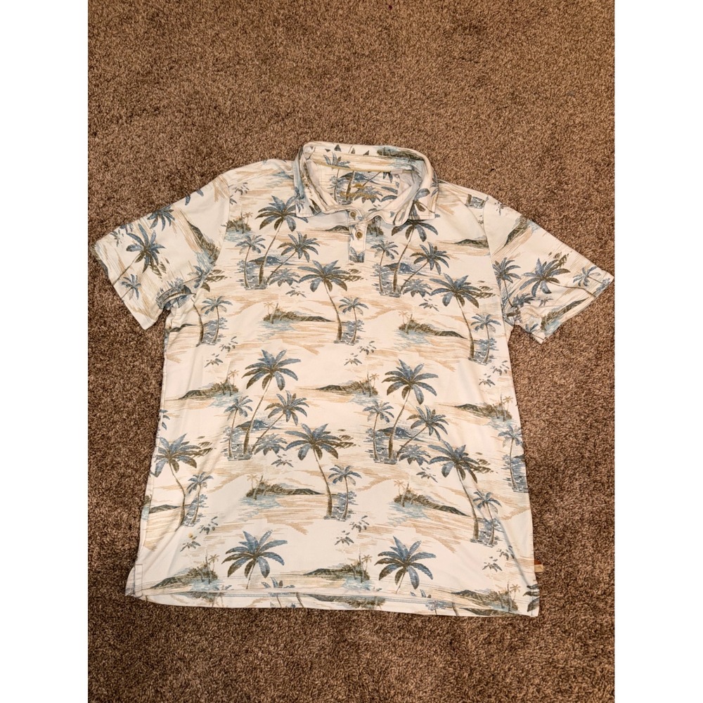 Tommy Bahama Mens XL Tropical Palm Tree Island Print Pique Polo Shirt Cream Blue
